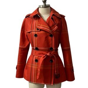 Coach Red Plaid Tattersall Flip Collar Belted Double Breasted Trench Coat Jacket